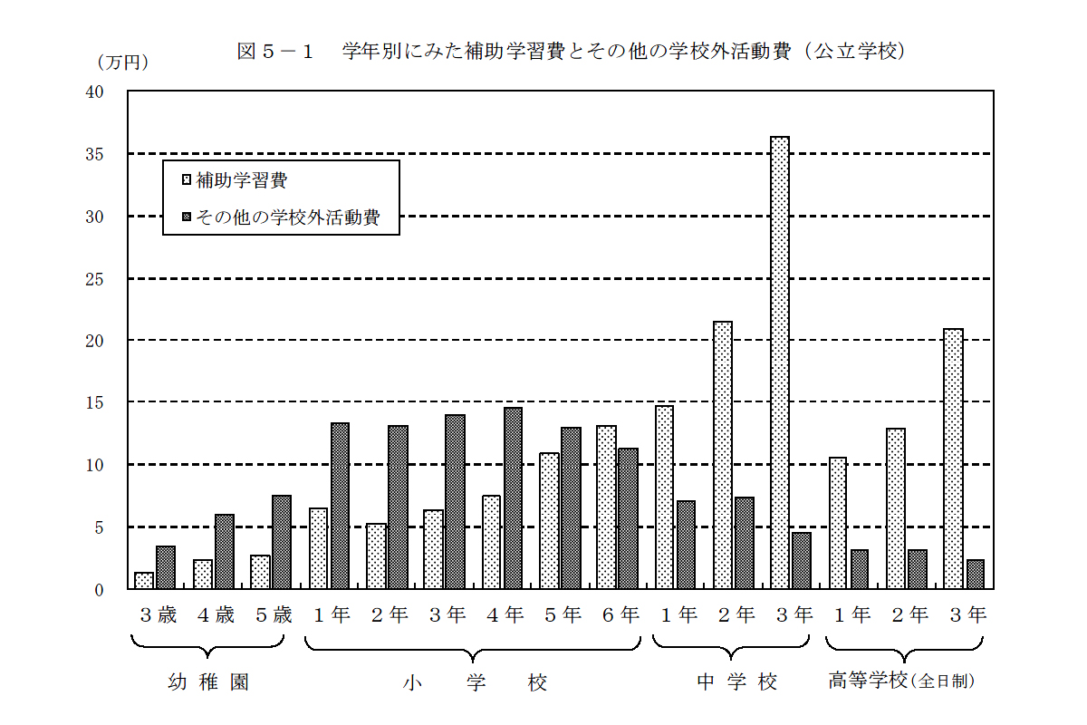 学年別にみた補助学習費とその他の学校外活動費(公立学校)